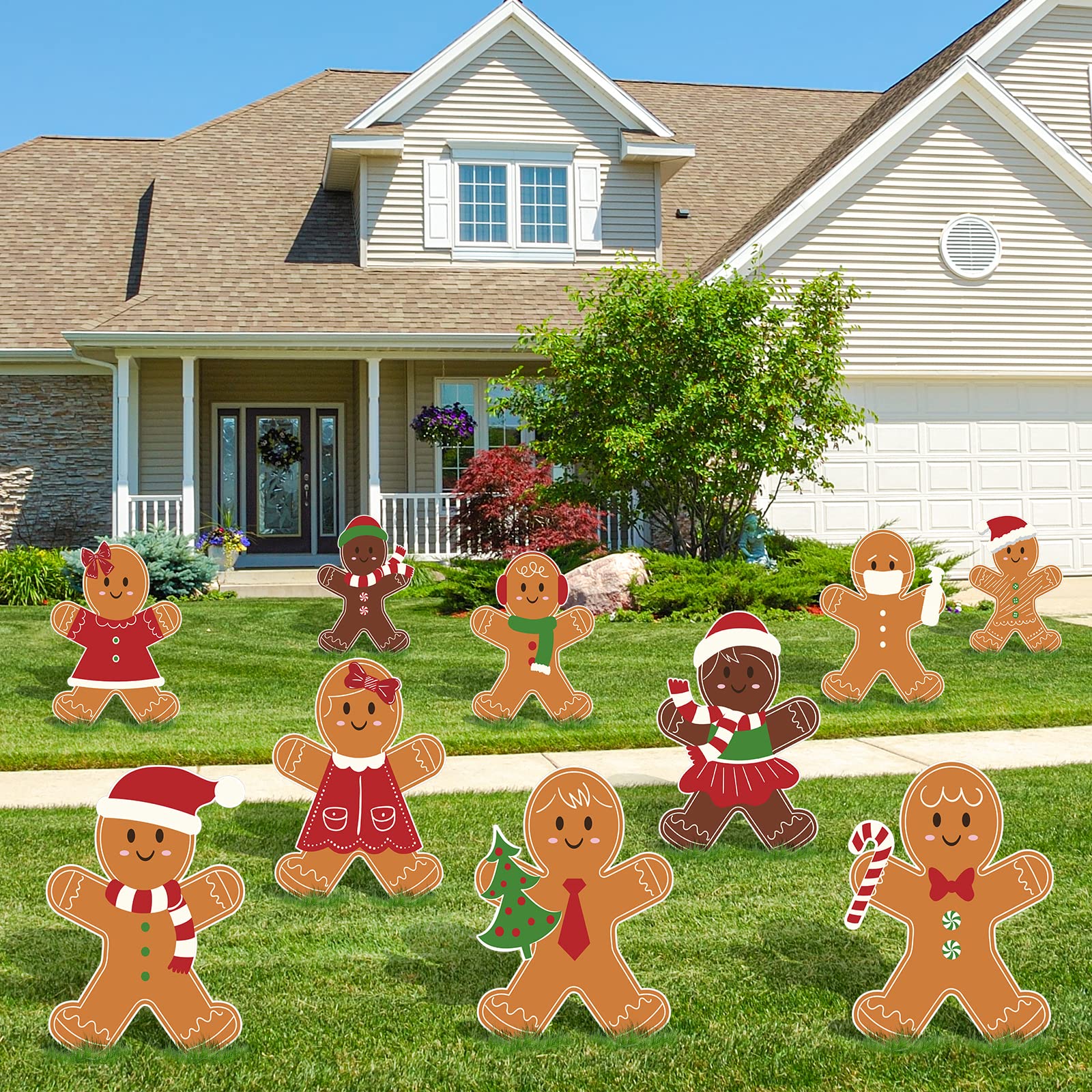 AnyDesign 10Pcs Large Christmas Yard Sign Stakes Gingerbread Man Lawn Sign Colorful Patio Yard Decor for Holiday Party Home Pathway Walkway Decor Supplies, 10 Designs, Multicolor