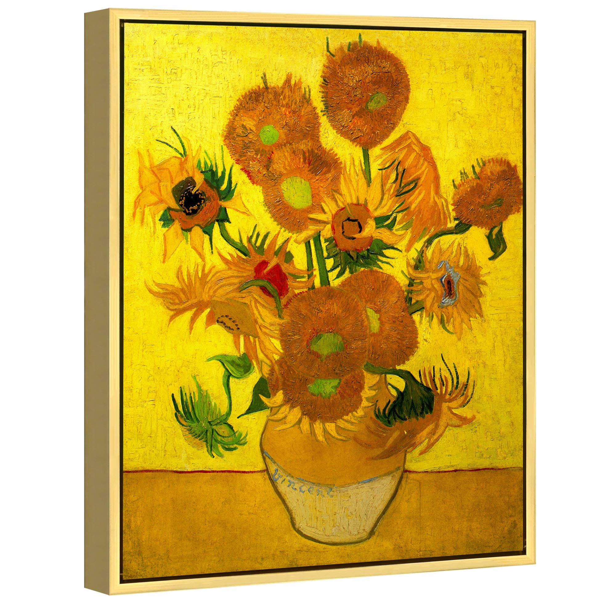 Wieco Art Gold Framed Vase with Fifteen Sunflowers by Van Gogh Modern Abstract Flowers Canvas Prints Artwork for Home Office Bedroom Decorations