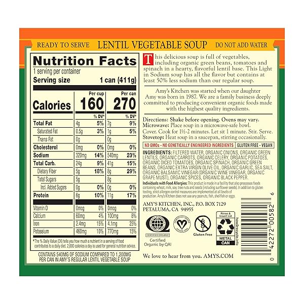 AMY’S LENTIL VEGETABLE LOW SODIUM ORGANIC SOUP, 14.5 OUNCE
