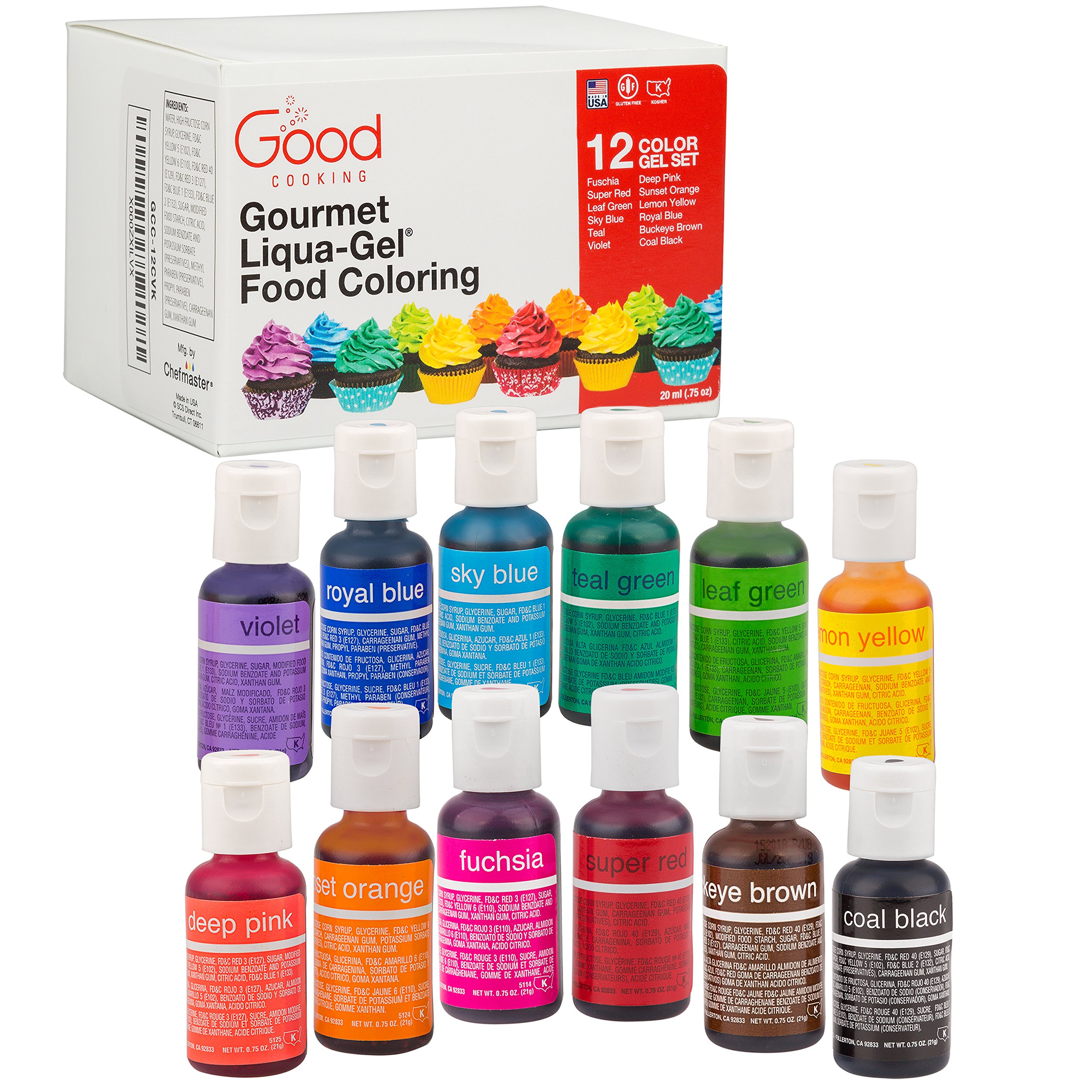 Food Coloring Liqua-Gel - 12 Color Variety Kit in .75 fl. oz. (20ml) Bottles by Good Cooking