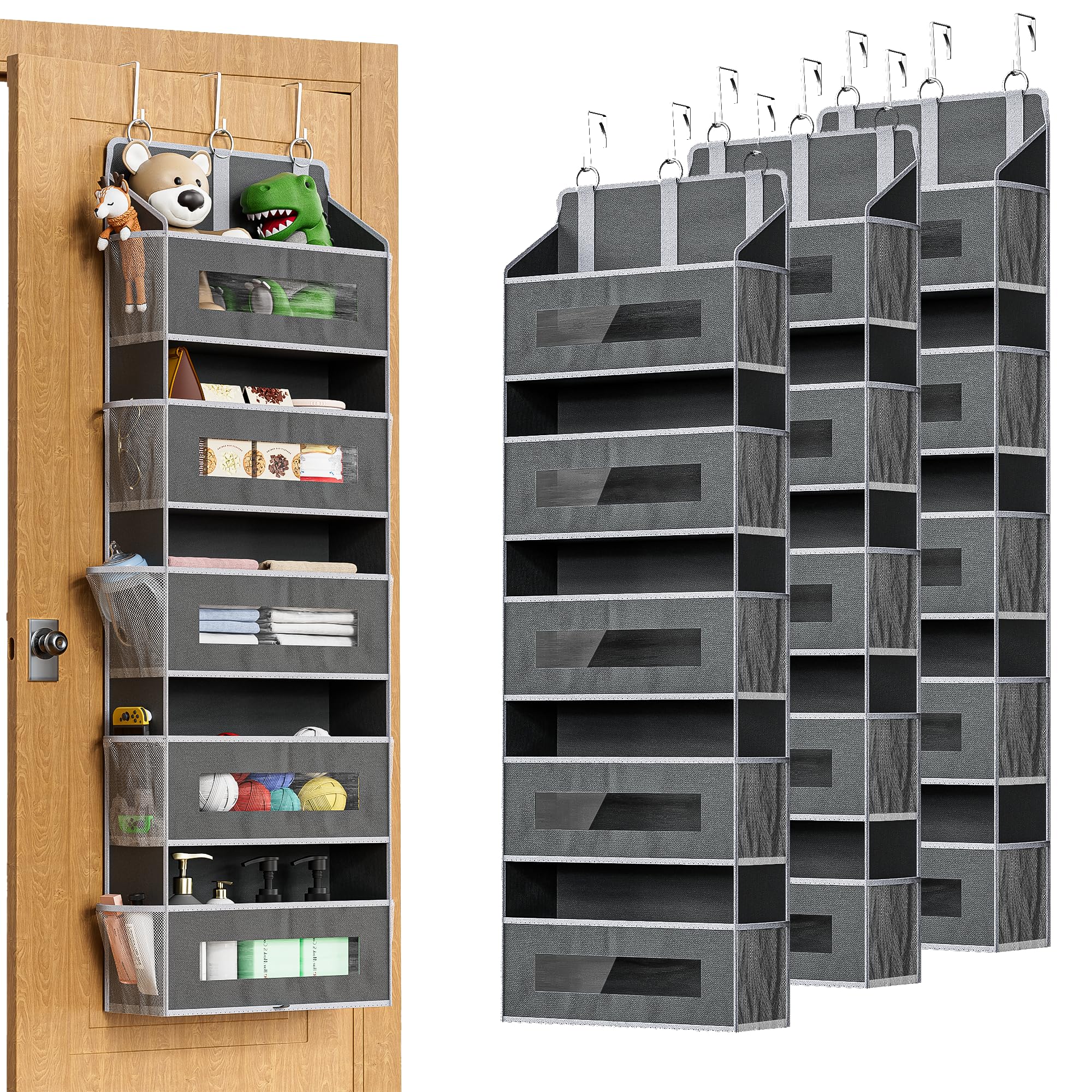 3 Packs 5-Tier Over the Door Storage Organizer with 10 Side Mesh Pockets, 48 lbs Load Capacity, 3 Hooks Design, Hanging Organizer with Clear Windows for Bathroom, Bedroom, Nursery, Kitchen-Grey