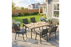 Outsunny 7 Piece Outdoor Dining Set, Rectangle Patio Table and 6 Mesh Chairs with Slatted Tabletop, All Weather Outdoor Dinin