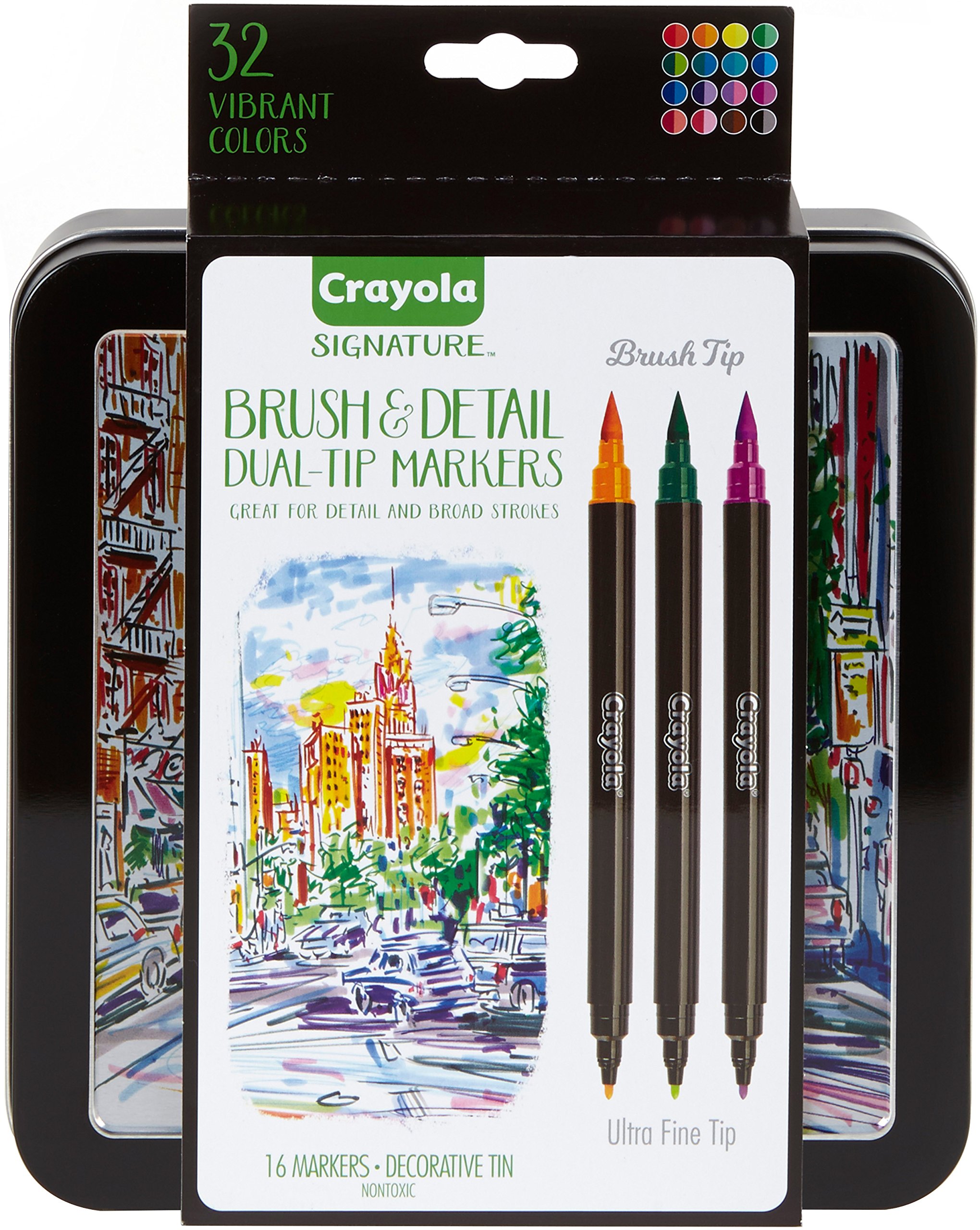 Crayola Brush Markers, DualTip with Ultra Fine Marker, Decorative Storage Case, 32 Colors, 16