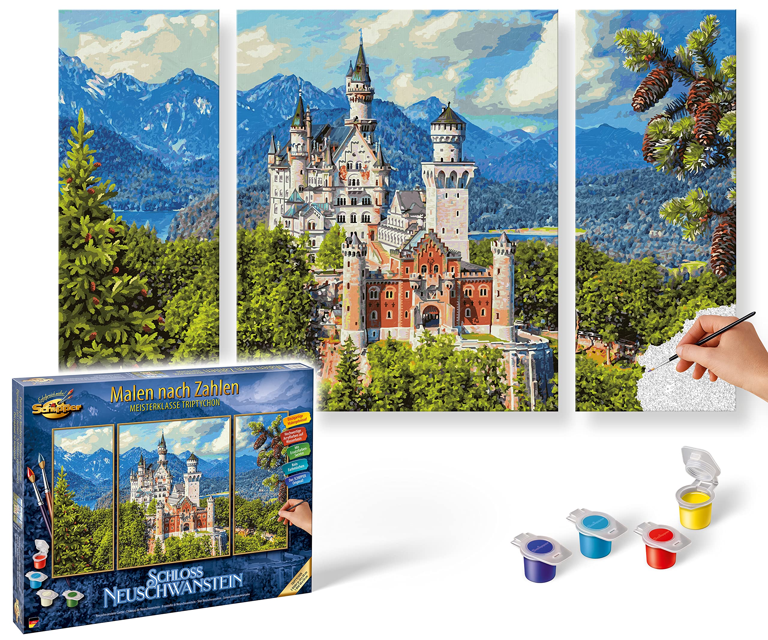 Schipper 609260837 Painting by Numbers - Neuschwanstein Castle - Painting Pictures for Adults Including Brush and Acrylic Paints Triptych 50 x 80 cm