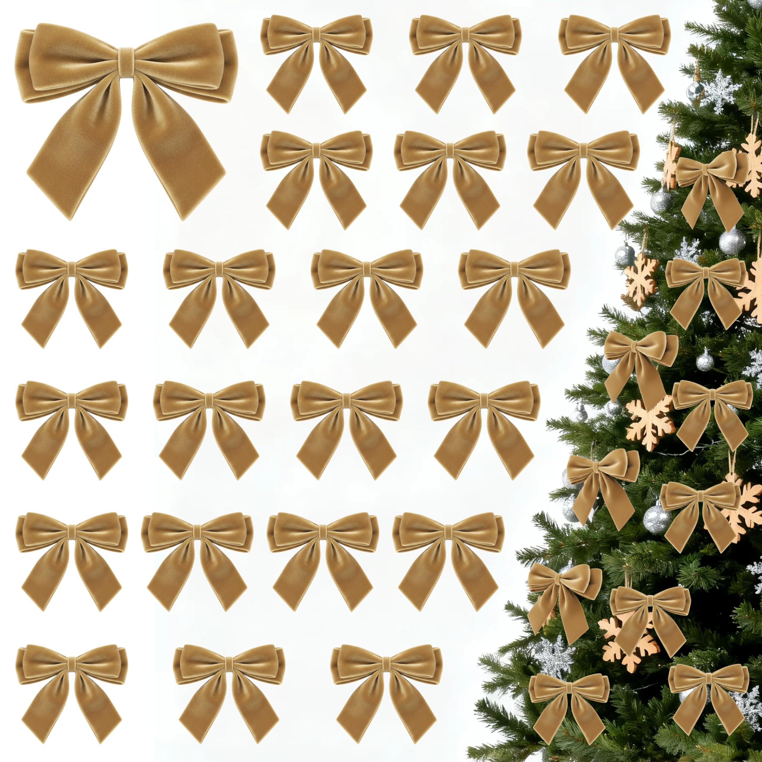 Photo 1 of 24Pcs Velvet Bows for Christmas Tree, Small Light Brown Bows Christmas Decorations with Twist Tie, Bulk Vintage Velvet Ornaments for Wreath Garland Gift Wrapping Wedding Champagne Parties, 3.5*3.5 in