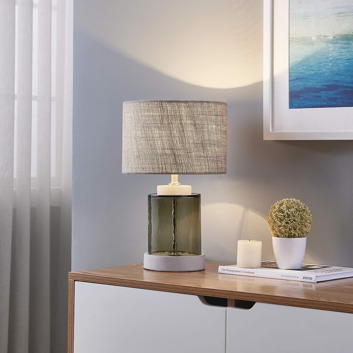 Amazon Com Handmade Blown Glass Rustic Table Lamp Vintage Style For Farmhouse Original Clift Color Art Deco Glass And Cement Base With Drum Gunny Fabric Shade E26 Home Improvement