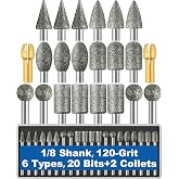 20Pcs 120-Grit Diamond Grinder Bit 1/8" Shank with 2 Collets Compatible with Dremel Rotary Tool Attachment Accessories Grinding Burrs for Stone Glass Resin Porcelain Ceramic Quartz Glaze Steel Carve