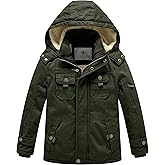 WenVen Boy's Winter Sherpa Jacket Heavy Twill Cotton Military Coat with Hood