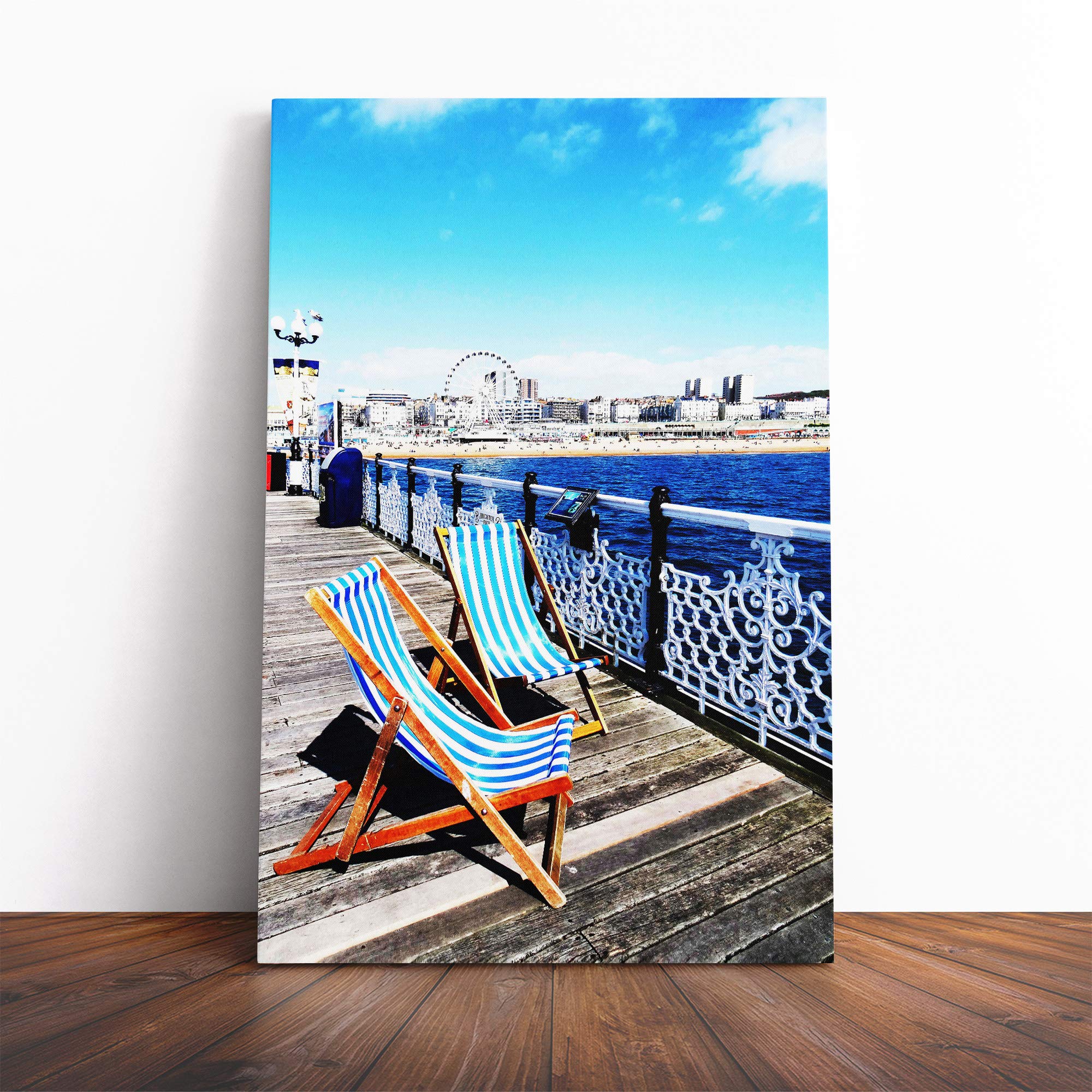 Deckchairs Brighton Beach Pier Canvas Print | Gallery Wrapped 30mm Frame Wall Art | 20x14 inches | Ready to Hang | Modern Seascape Picture | Living Room Bedroom Lounge Office