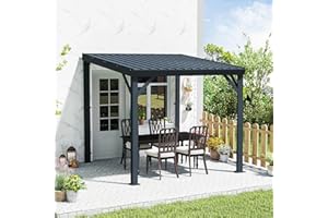 Domi 8' x 8' Lean to Gazebo, Wall Mounted Gazebos Pergola with Built in Drainage System, Galvanized Steel Roof, Hardtop Patio