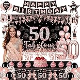 50th Birthday Decorations for Women, Rose Gold 50 & Fabulous Birthday Party Supplies, Includes Crown, Sash, Banner, Backdrop, Balloons, Cake Topper, Tablecloth, 50th Birthday Gifts for Women