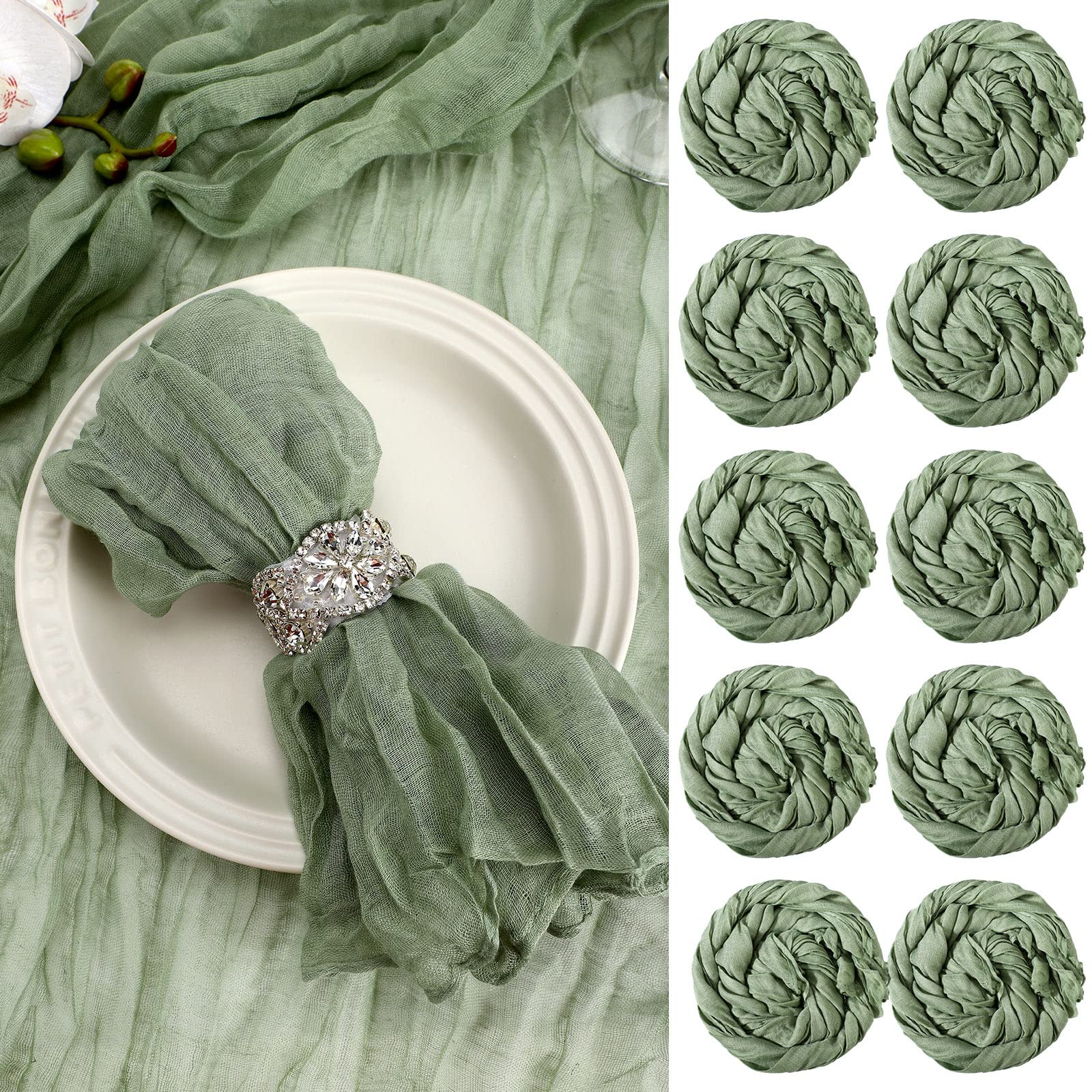 Nuenen 36 Pcs Cheesecloth Gauze Napkin Rustic Boho Wrinkled Dinner Decorative Cloth Napkins for Home Wedding Party Dinner Table Valentine Gift Decoration, 19. 7 x 19. 7 Inch(Sage Green)