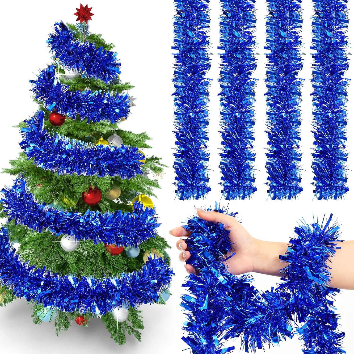 Wreaths, Garlands & Swags - 72 Feet Christmas Tinsel Garland Shiny Metallic Tinsel Twist Garland Streamers Ornaments Long Glitter Christmas Tree Hanging Decorations for Party Holiday Wedding Birthday Tree Wall Rail (Blue)