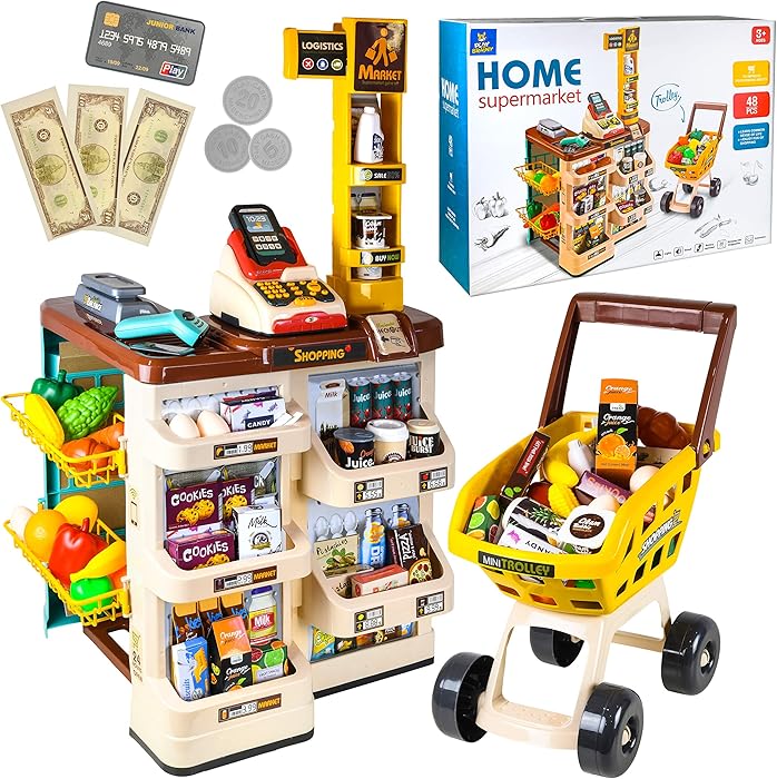 Play Brainy Kid’s Supermarket Playset with Cash Register, Store Stand, Toy Food, and Trolley Cart, Interactive Play Pretend Accessories, Early Learning and Educational Fun