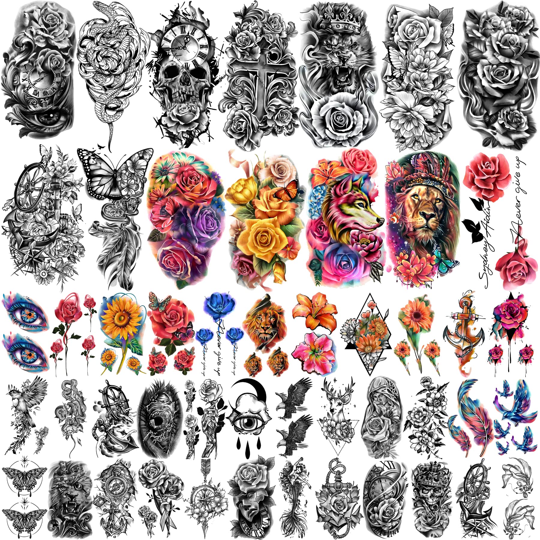 49 Sheets Half Sleeve Temporary Tattoo for Adult Men Women, Flower Animal Waterproof Realistic Fake Tattoo Stickers for Girls Body Hand Shoulder, 14 Sheets Large Tattoos and 45 Sheets Small Tattoos