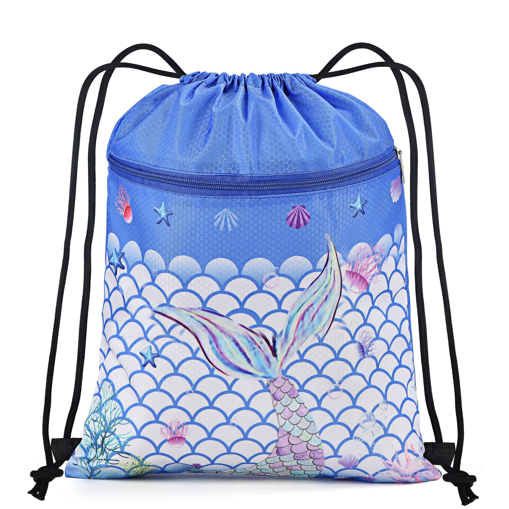 BOENFU Mermaids Drawstring Bags, Waterproof String Swim PE Bag, Large Drawstring Backpack with Outside Zipper and Hidden Inner Pocket for School Gym Traveling Swimming Party Picnic