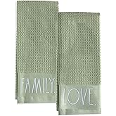 Rae Dunn Set of Hand Towels for Kitchen and Bathroom, 100% Cotton, Embroidered Dish Towels, Decorative Hand Towels, Sage- Love/Family, 2 Pack