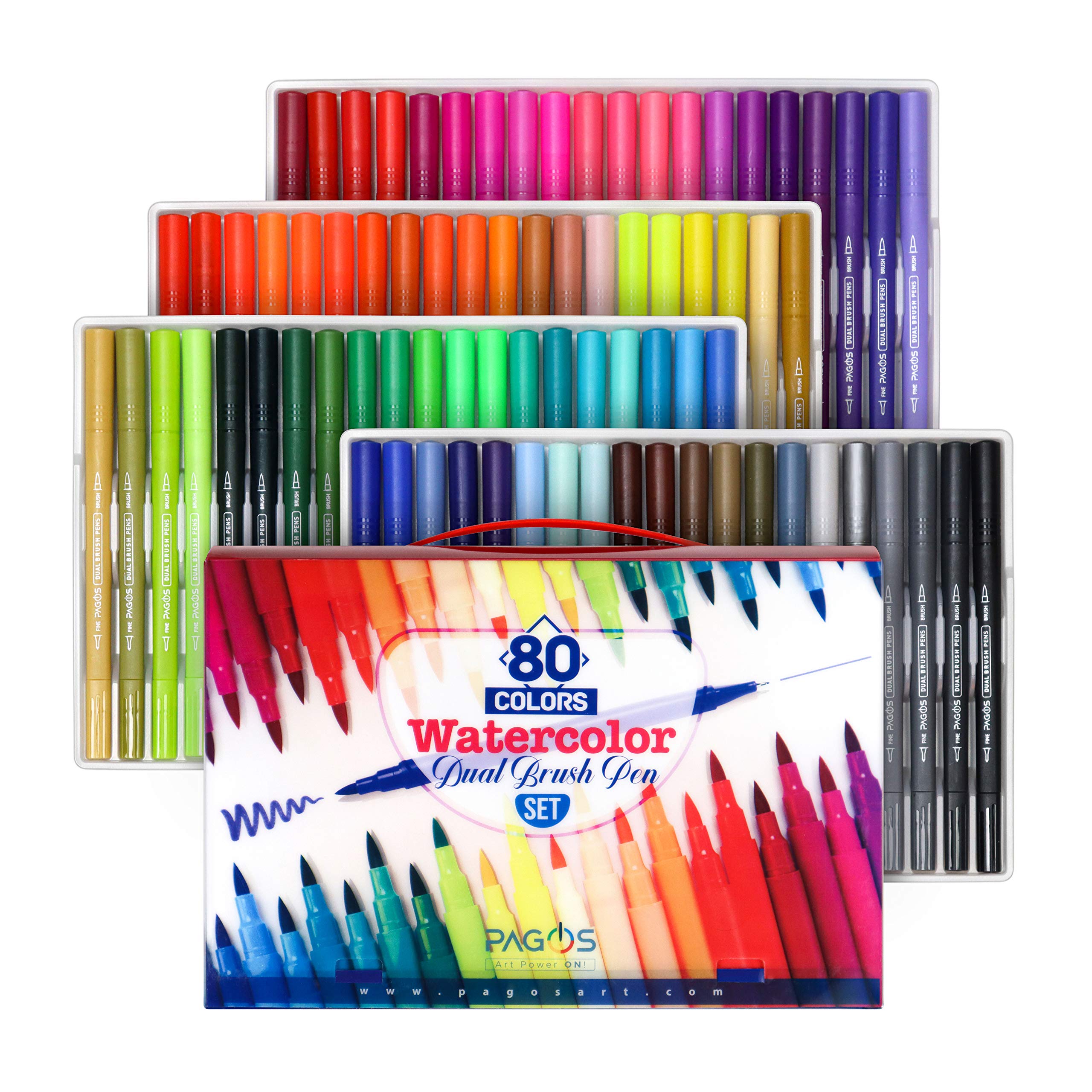 Pagos Watercolor Dual Brush Pens Art Set - 80 Colors with Fine Point Water-based Marker Pen, Markers for Artists, Nylon Brush Fine Tip Markers for Adults Coloring Books Calligraphy Drawing