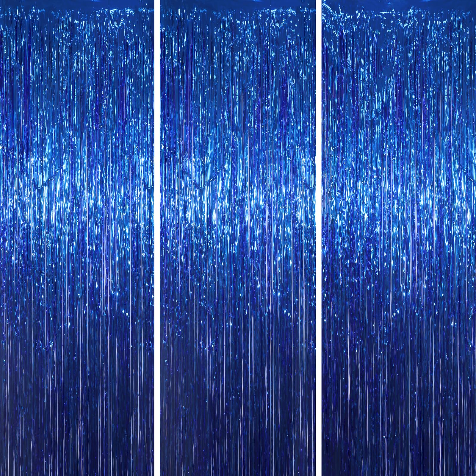 Photo 1 of Voircoloria 3 Pack 3.3x8.2 Feet Blue Foil Fringe Backdrop Curtains, Tinsel Streamers Birthday Party Decorations, Fringe Backdrop for Graduation, Baby Shower, Gender Reveal, Disco Party