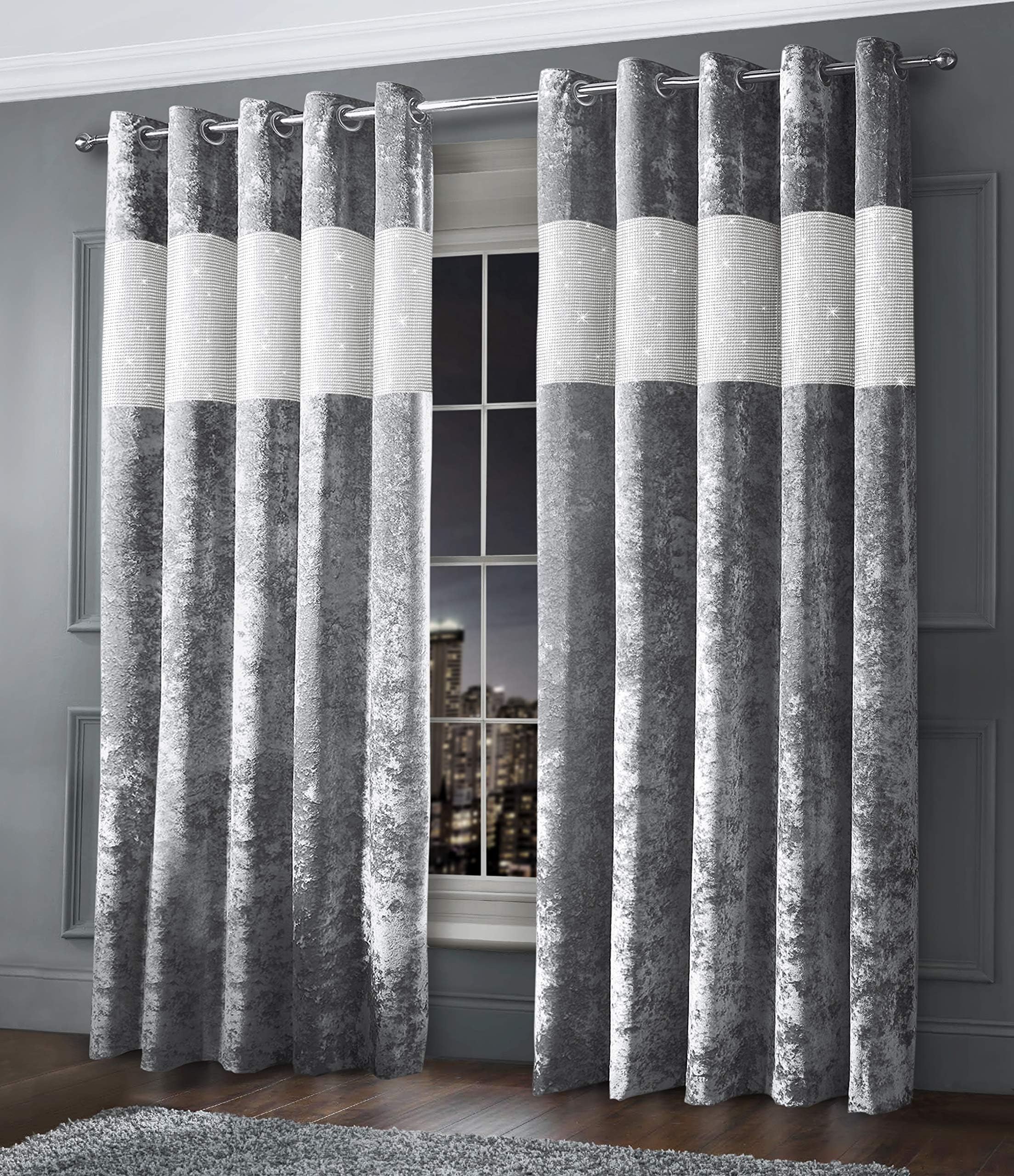Intimates Thermal Crushed Velvet Silver Grey Ringtop Pair of Curtains (Diamante 90" Wide x 72" Drop)