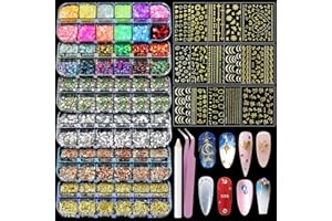 Artdone Nail Art Studs Kit, 6 boxes Multicolor And Design 3D Charms Pearls With 15 Sheets Gold Nail Stickers, Diamond Cute Nail Jewels For DIY Decoration with Pickup Tools