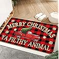 Christmas Door Mat Buffalo Plaid Retro Truck Entrance Ya Filthy Animal Welcome Fun Winter Anti-Slip Rubber Backed Outdoor Indoor Low Profile Flax Floor Mat 17 x 29 Inch