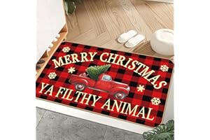 AUSTAB Christmas Door Mat Buffalo Plaid Retro Truck Entrance Mat Ya Filthy Animal Welcome Fun Winter Anti-Slip Rubber Backed Outdoor Indoor Low Profile Flax Floor Mat 17 x 29 Inch