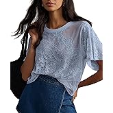 OPCAKM Lace Tops for Women Sexy Short Sleeve Mesh Tops Embroidered Sheer Lace T-Shirts See Through Blouse