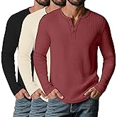 Velvelhall 3 Pack Men’s Waffle Henley Shirts, Long Sleeve Button Tops Casual Basic T-Shirts Lightweight Knit Pullover