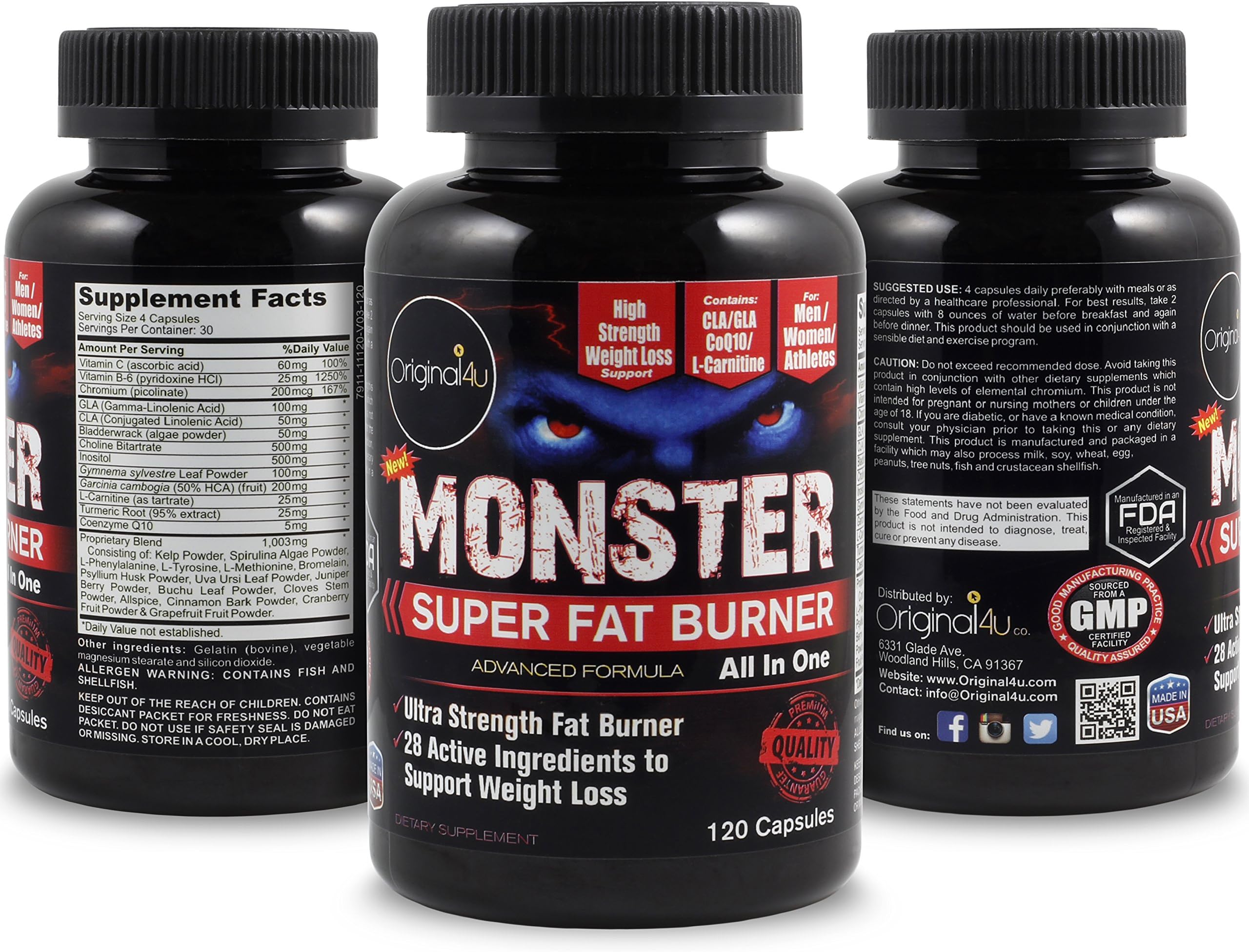 Monster Super Fat Burner-Powerful and Fast Acting Fat Burner and Weight Loss,(All in ONE)-Ultra Strength Fat Burner,CO. Q10,L-CARNITINE and More Natural Fruit Powder Garcinia Cambogia Fruit,GLA,CLA,