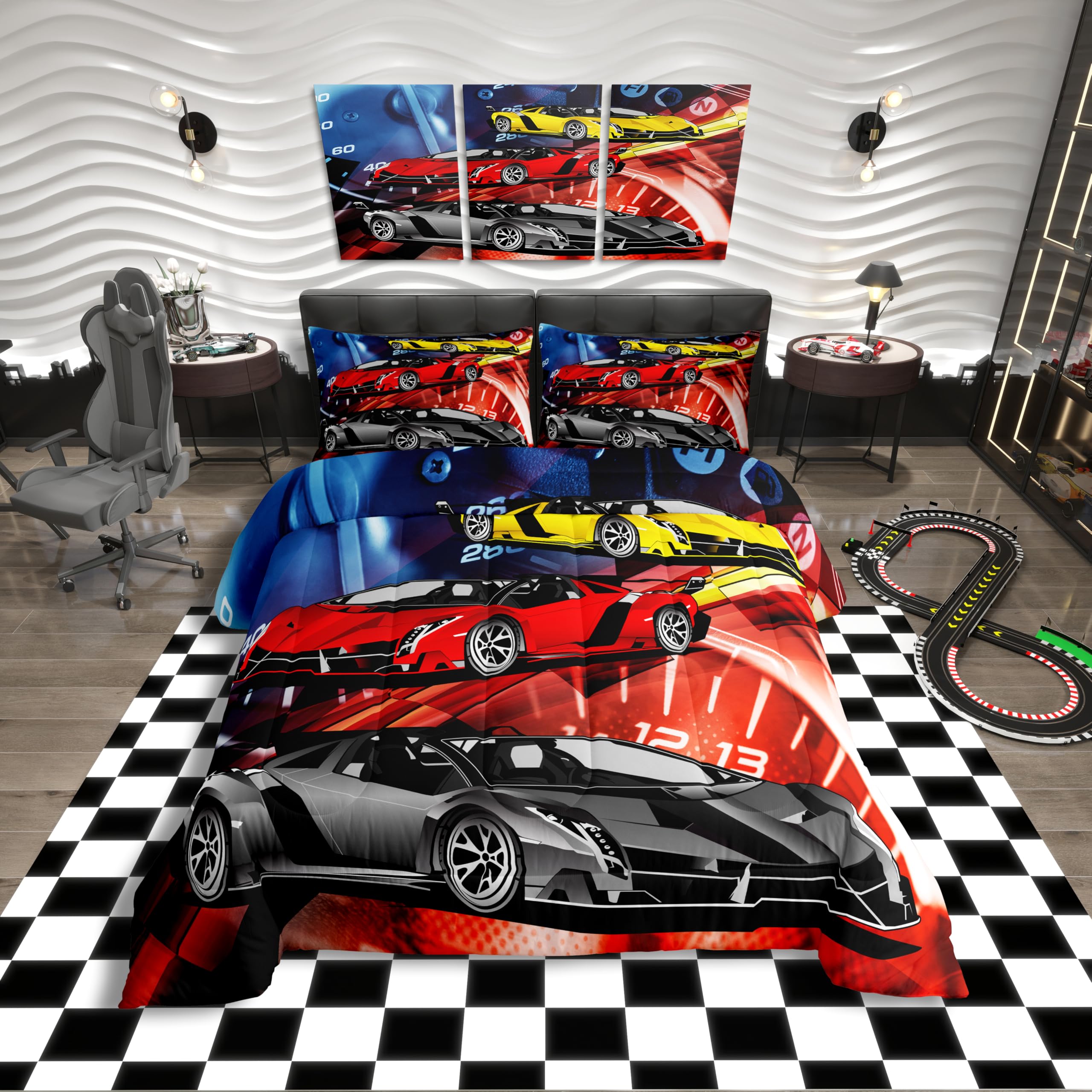 Race Sports Car Duvet Cover Extreme Sports Bedding Set Car Sports Competition Comforter Cover for Boys Girls Teens Decor Automobile Style Cool Bedspread Cover King With 2 Pillow Case — image 1