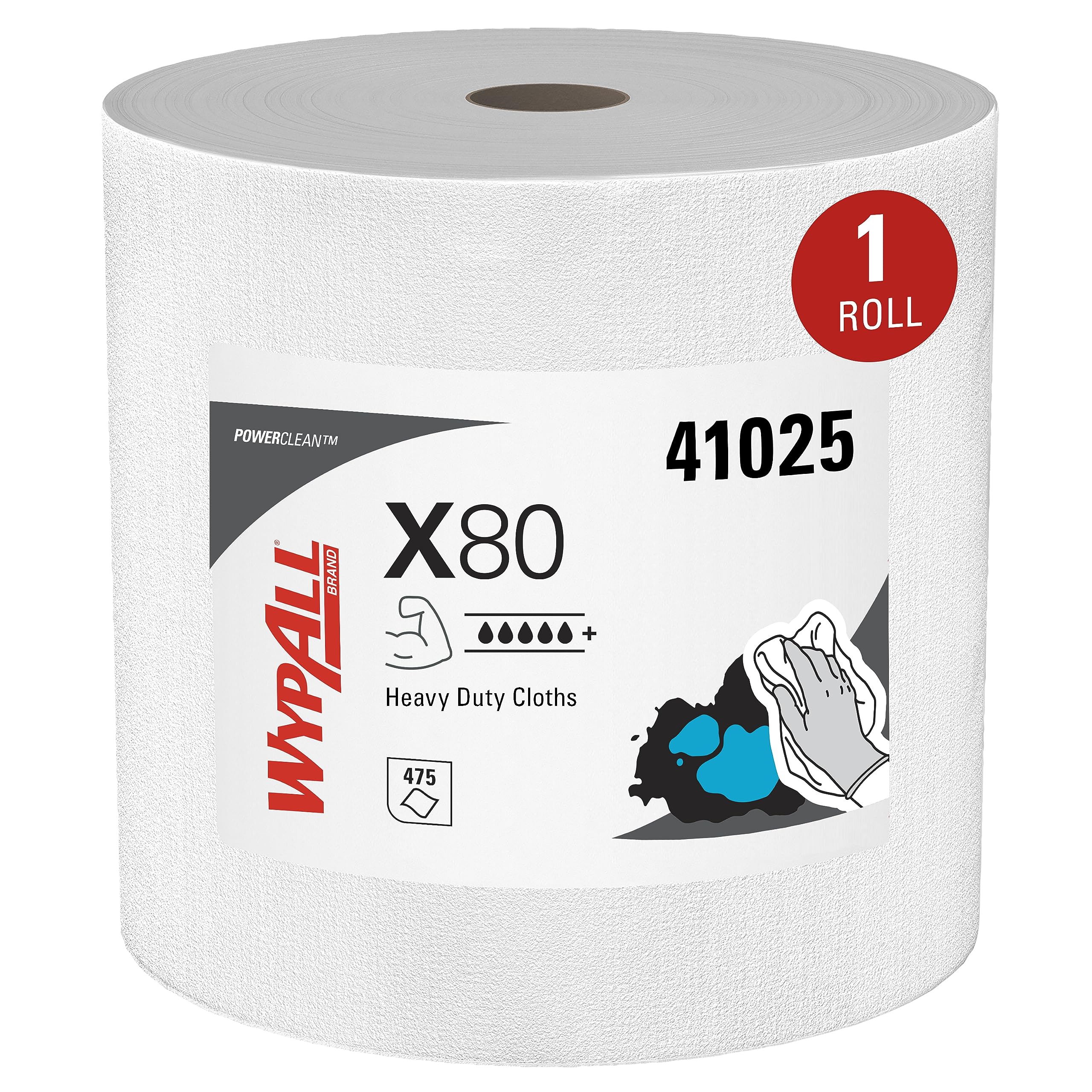 WypAll PowerClean X80 Cloths Heavy Duty Wipes (41025), Jumbo, Extended Use Towels, White (1 Roll of 475 Sheets, 475 Sheet Total)