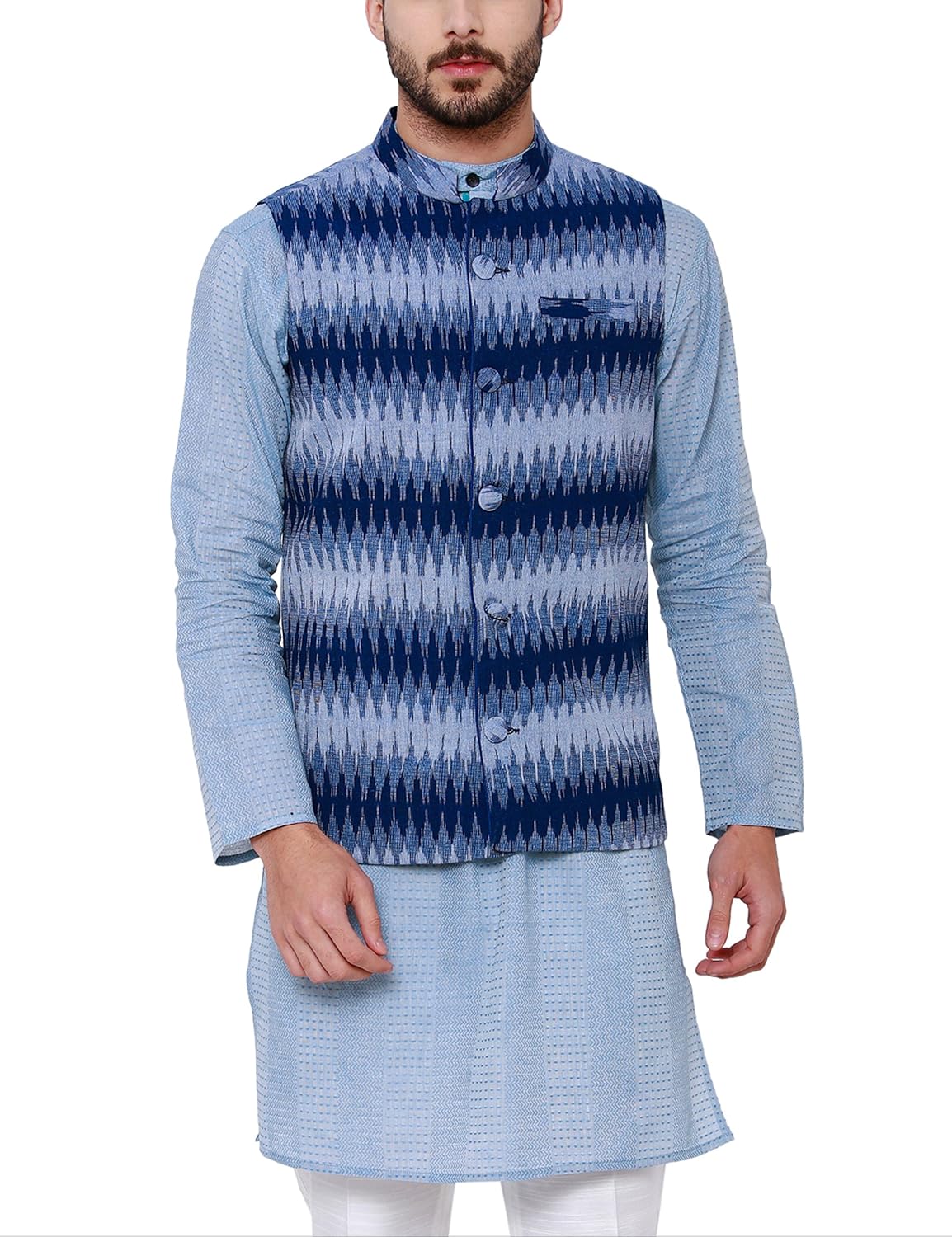 svanik navy blue self design cotton waistcoat.
