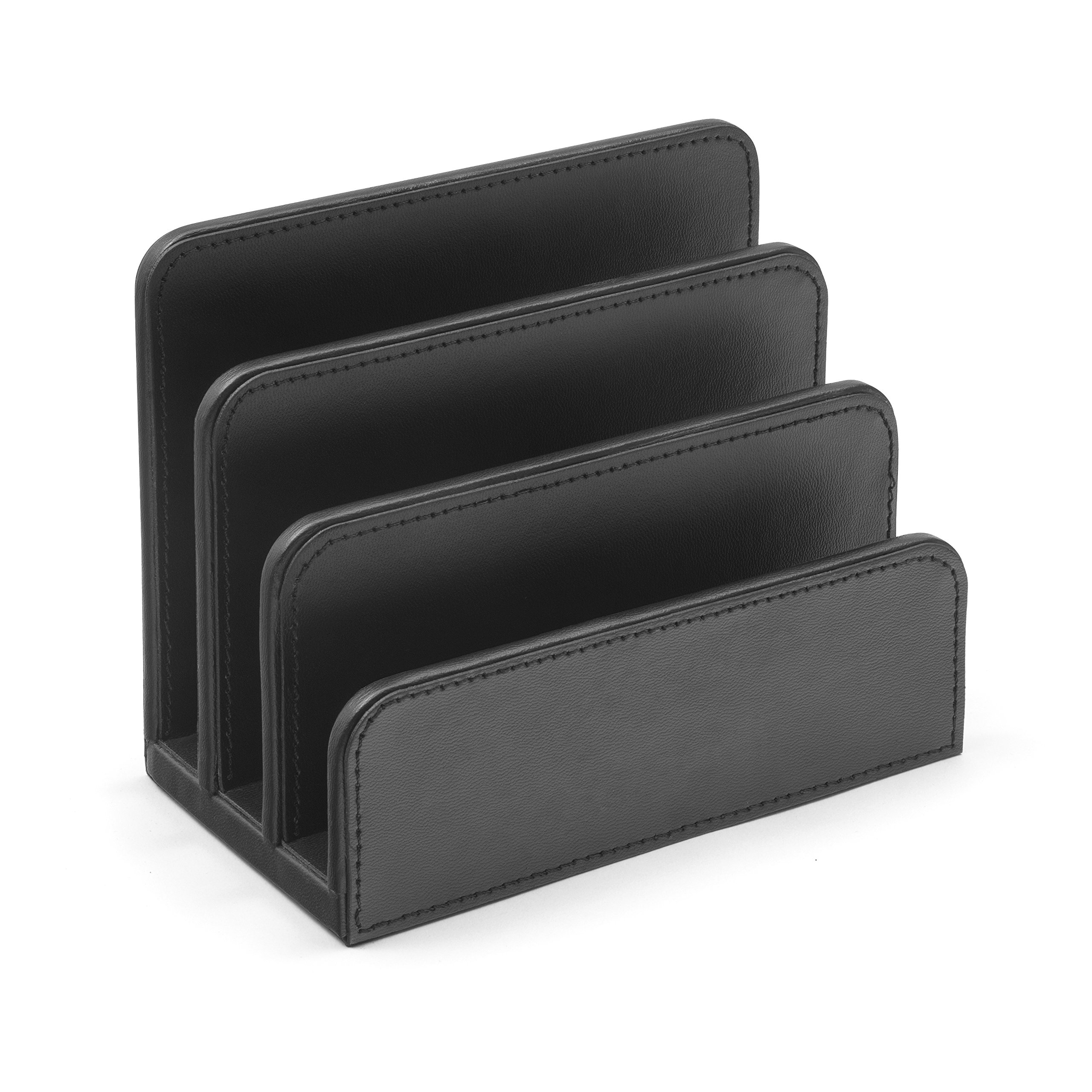 Osco Faux Leather Mail Sorter & Envelope Organiser – Desk File Storage Stand with Display Slots – Modern Letter Holder Tray Minimalist Home & Office – Black