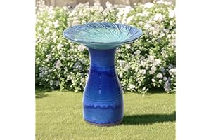 LUXENHÖME LuxenHome 20 Inch Ceramic Bird Bath for Outside, Elegant Tall Outdoor Bird Bath, Lightweight Pedestal Glazed Birdbaths for Outdoors with Leaf Pattern, Deep Cobalt Blue