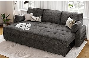 PaPaJet Pull Out Sofa Bed, Modern Tufted Convertible Sleeper Sofa, L Shaped Sofa Couch with Storage Chaise, Chenille Sectional Couch Bed for Living Room (Dark Grey)