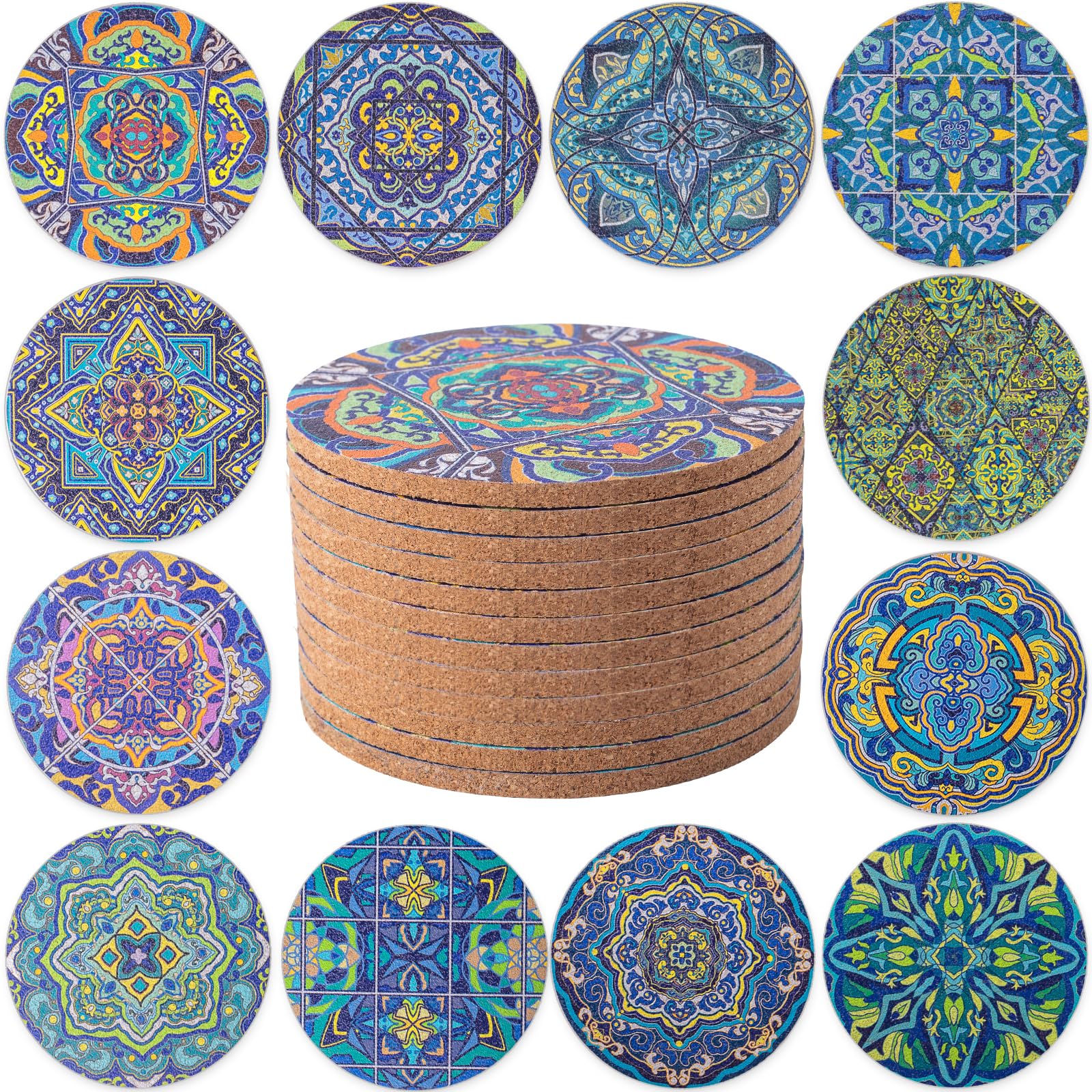 STARUBY 12 Pcs Cork Coasters, Coasters for Drinks, Coasters for Coffee Table, for Drinks Absorbent Kitchen Dining Room Decoration 10cm Round Light Blue