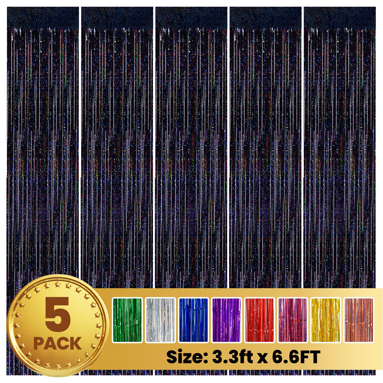 PABUES 5 Pack 3.3ft x 6.6ft Laser Black Tinsel