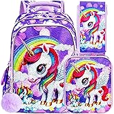 UFNDC 3PCS Unicorn Backpack for Girls, 16”Kids Sequin Bookbag with Lunch Box, Water Resistant School Bag for Elementary Preschool Toddler