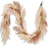 DecorbyHannah 6ft Neutral Fall Pampas Grass Garland for Mantle with Lights | Pre-Lit Light Up Artificial Faux Thanksgiving Garland with Pine Branch Berry for Stair Indoor Home Table Fireplace Decoration