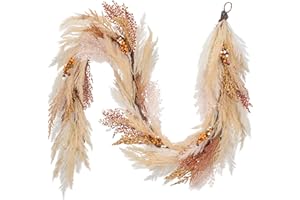 DECOR BY HANNAH DecorbyHannah Fall Garland with Lights, 6ft Artificial Faux Pampass Grass Autumn Thanksgiving Garland for Mantle, Boho Christmas Neutral Home Decor for Table Centerpiece Wall Window Indoor Outdoor Use