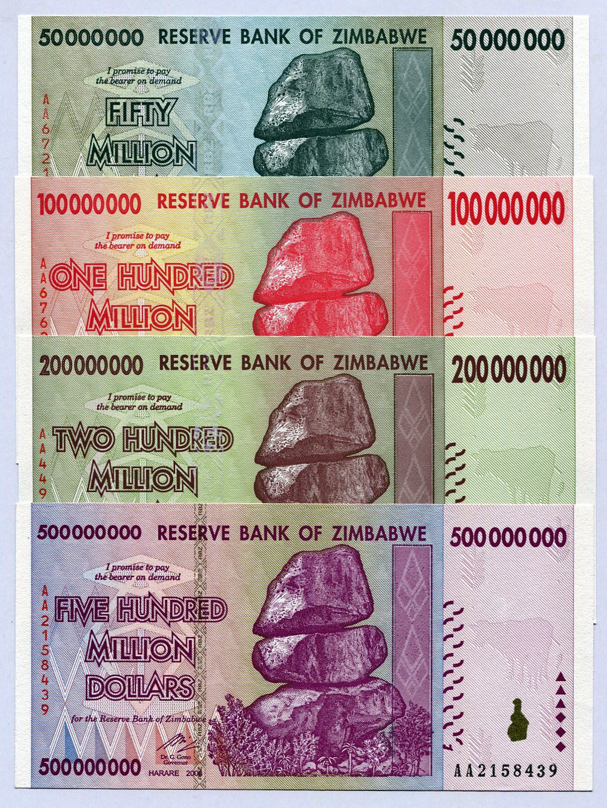 RBZ Collectibles Zimbabwe 50 100 200 500 Million Dollars 2008 P79-P82 UNC currency bills …