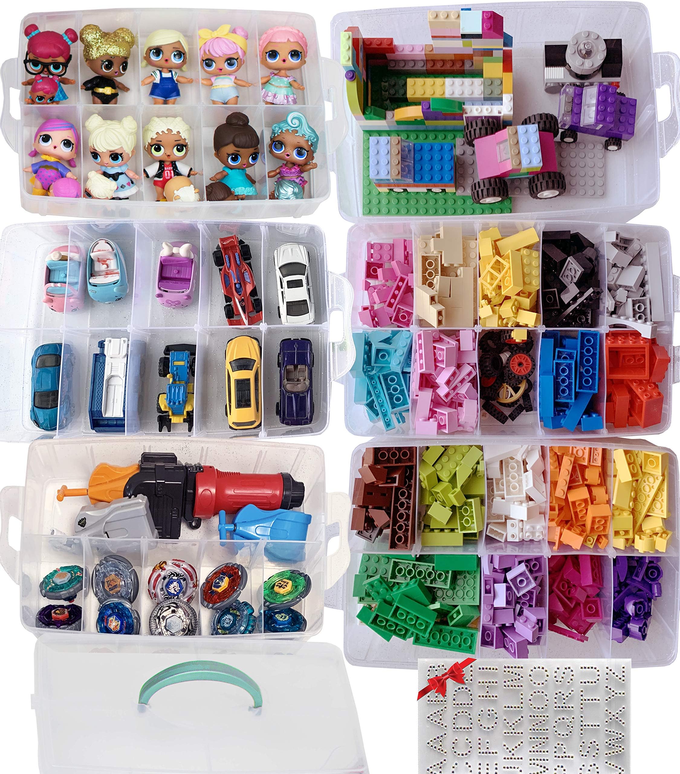 HOME4 BPA Free Clear Glitter 60 Adjustable Compartments 6 Layers Stackable Storage, Organizer Case Compatible with Small Dolls Lego Dimension LOL Shopkins Hot Wheels Beyblade Toys Not Included