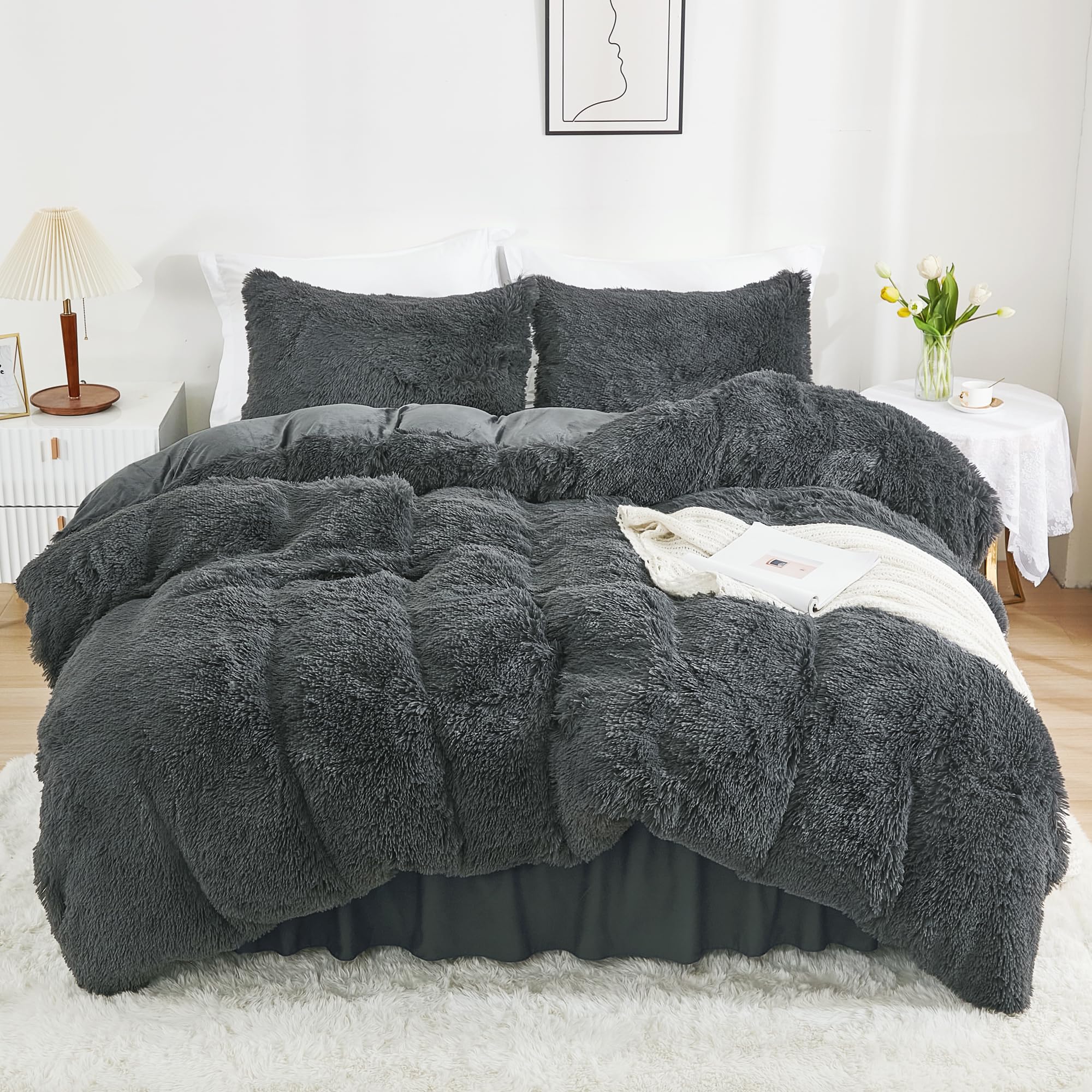 Photo 1 of annadaif Plush Shaggy Duvet Cover, Dark Gray Fluffy Comforter Cover Set King Size, Fuzzy Faux Fur Bedding Set with Zipper Closure, Luxury Ultra Soft 3 Pieces (1 Duvet Cover, 2 Pillowcases)