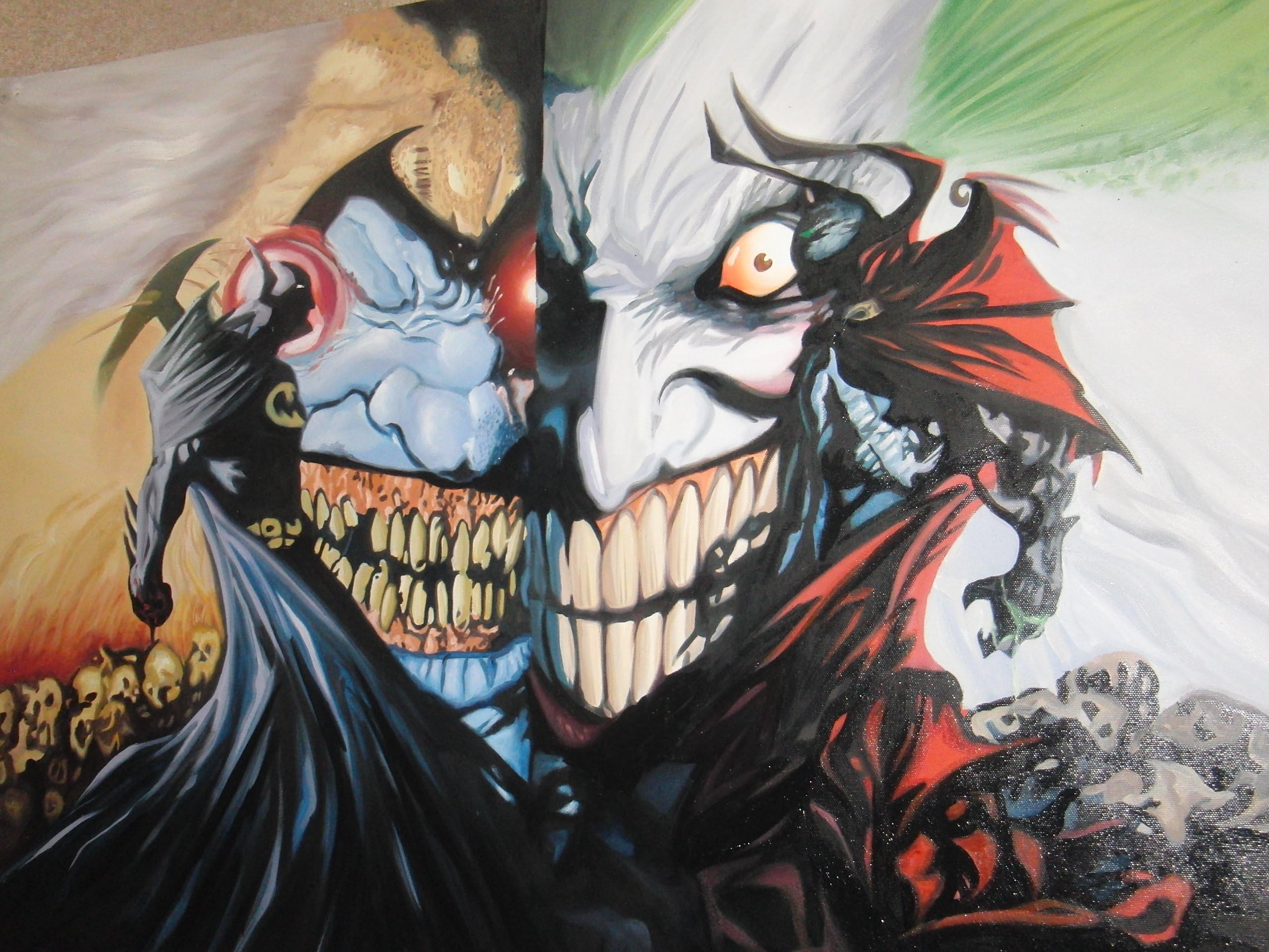 Spawn Batman 30x20 oil painting on canvas but box framing available on request, please email us for details. Many other Spawn and Batmano pieces also available as well as any size you wish ! Please email us for details.