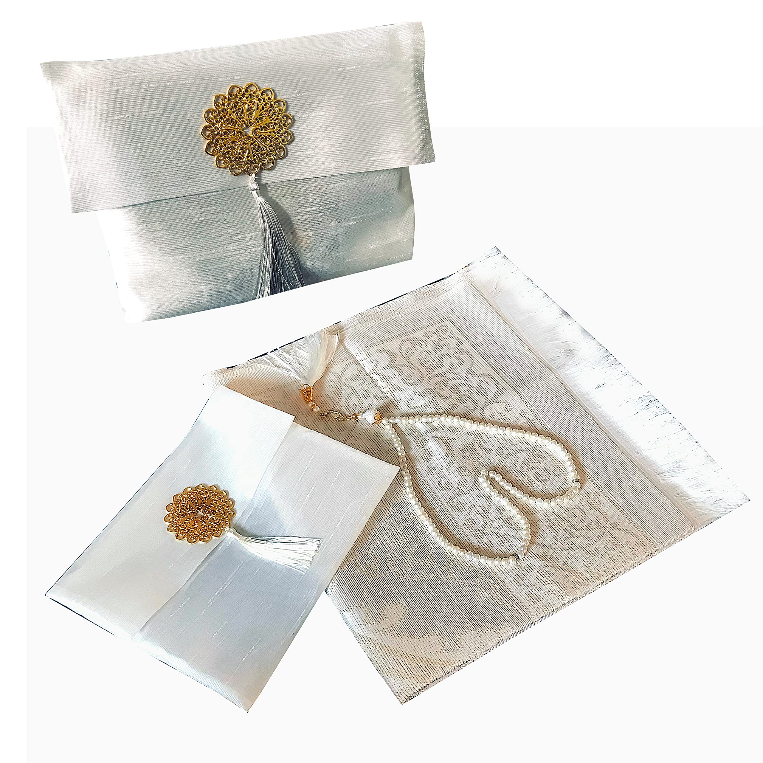 bazachi Mihrab Taffeta Ottoman Portable Prayer Mat With Tasbih (Cream)