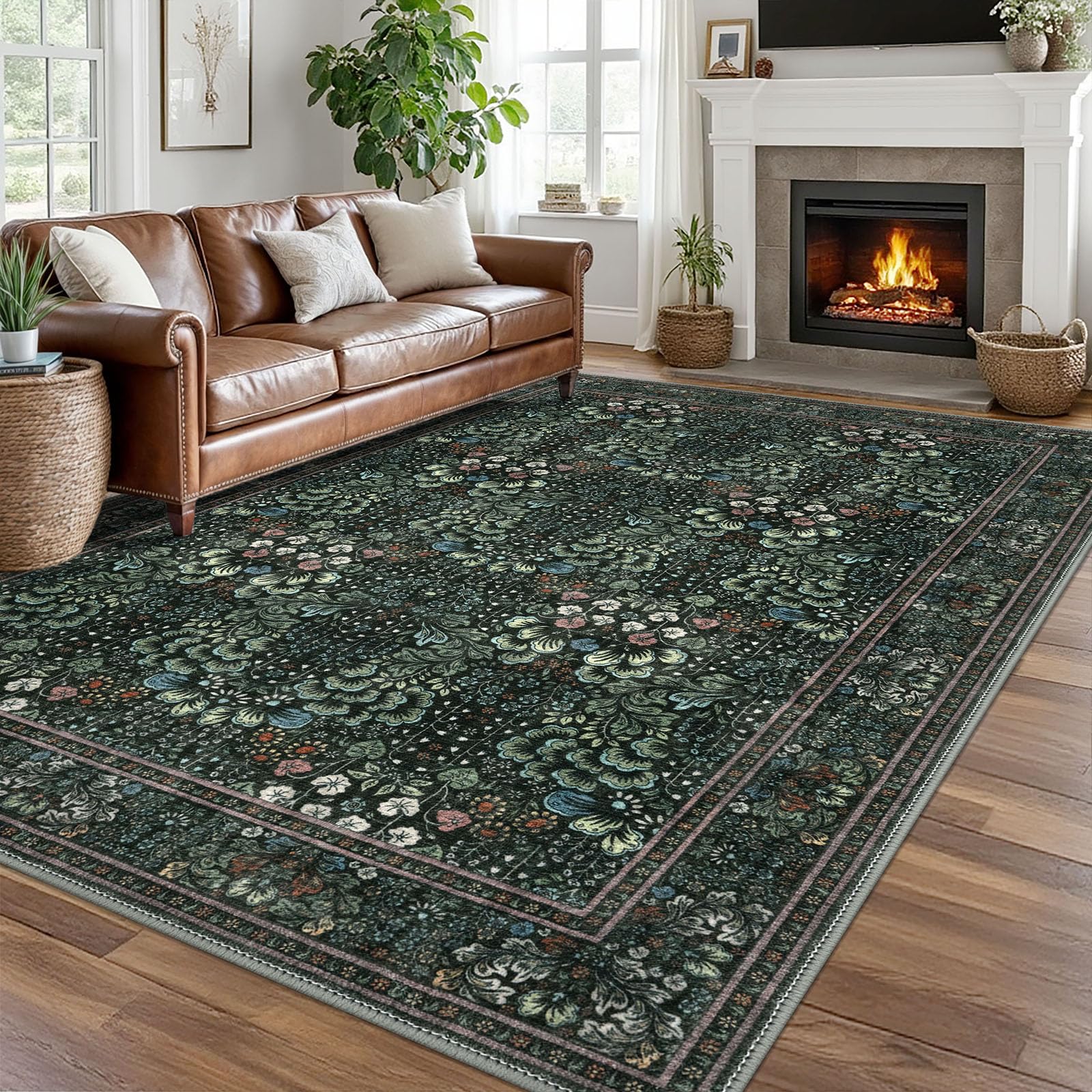 SIILOOM 8x10 Modern Area Rug for Bedroom, Dark Green Large Super Soft Washable Rugs with Non-Slip, Non-Shedding Carpet for Living Room, Indoor Door Mat for Office Home Décor Image