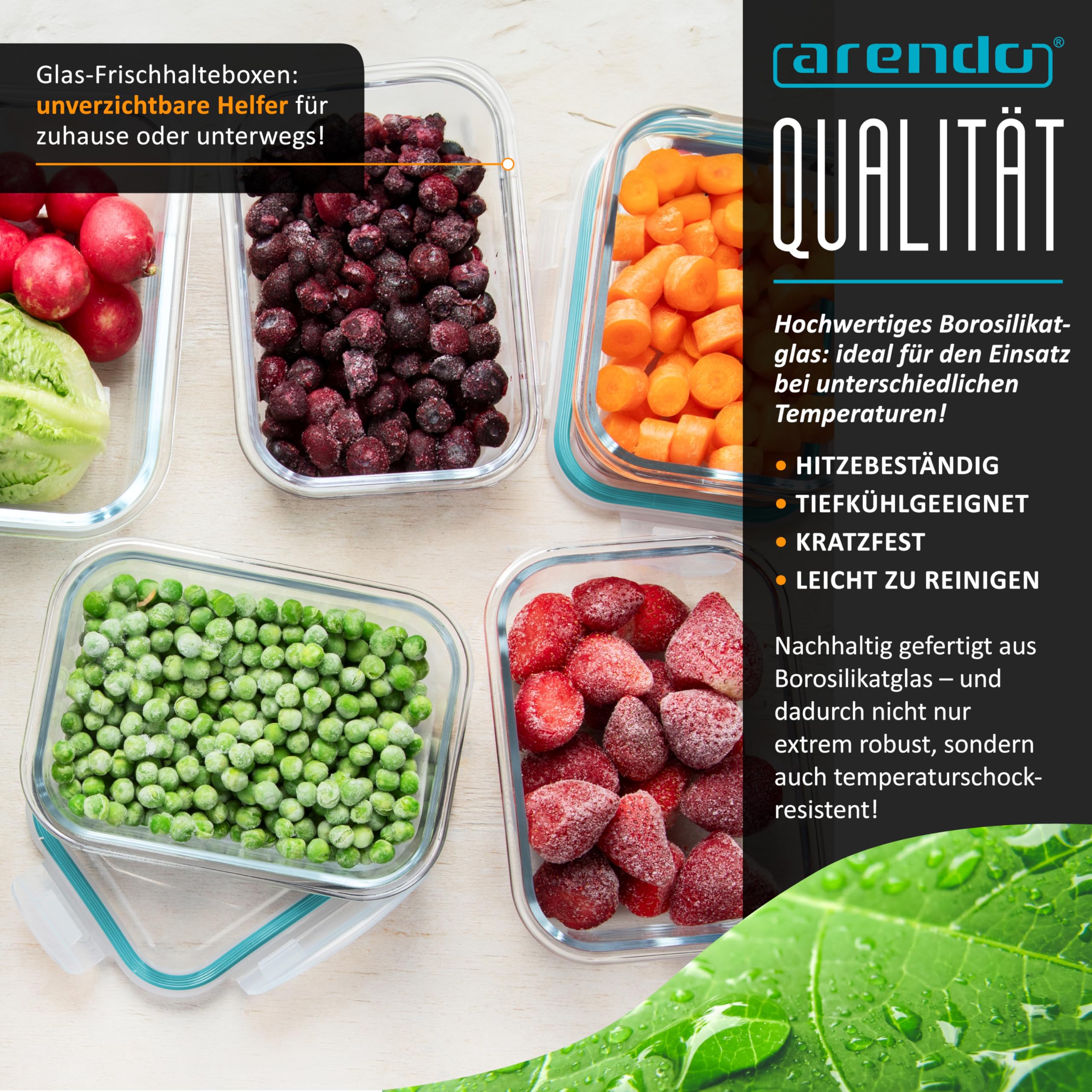 Arendo - Glas Lunchboxen Frischhaltedosen für Lebensmittel mit Deckel luftdicht - 5er Set - 1050 ml - für Mikrowelle Ofen Gefrierschrank - Spülmaschinen geeignet - Vorratsdosen Meal Prep Boxen Set 4