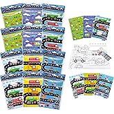 TINYMILLS Transportation Vehicles Trains and Construction Coloring Book for Kids Party Favor Set with 12 Coloring Books and 48 Crayons Birthday Party Supplies Cars Bag Fillers