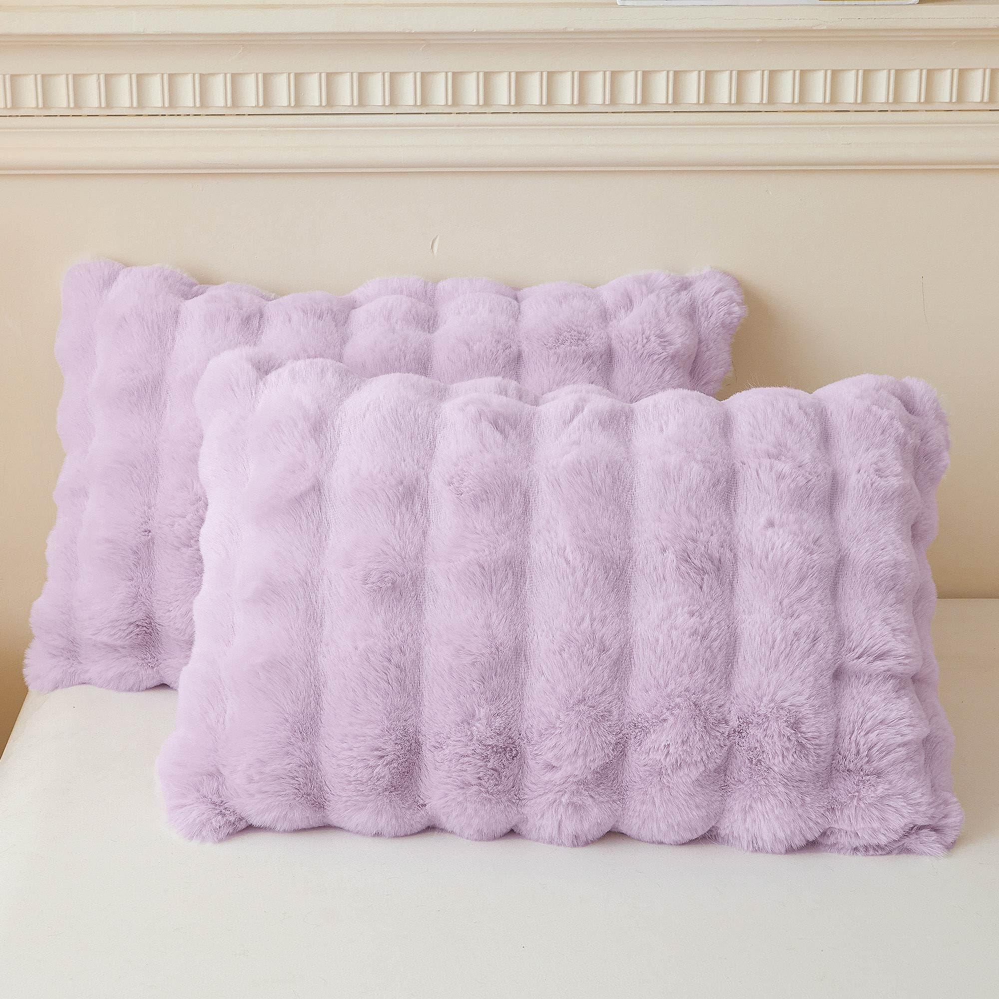 Photo 1 of LIFEREVO 2 Pieces Fluffy Faux Rabbit Fur Pillow Cases, Luxury Soft Plush Shaggy Bubble Pillowcases Standard Size with Zipper, Furry Fuzzy Long Pillow Shams for Adult Girls Kids Teens 20x26, Lavender